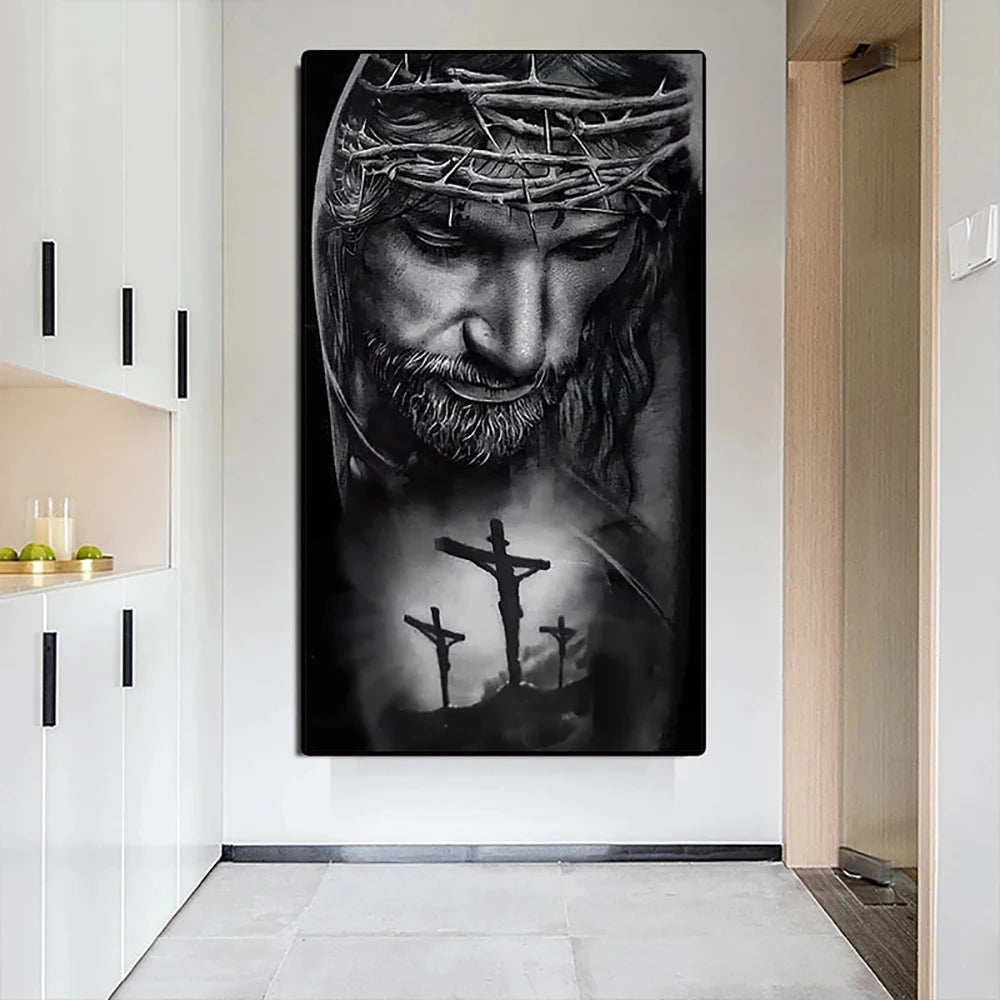 Black and White Crown of Thorns Jesus Canvas Painting Classic