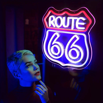 Route 66 Neon Sign Historic US Highway LED Sign for Decor Blue Neon Light Game Room Wall Sign Party Light Club