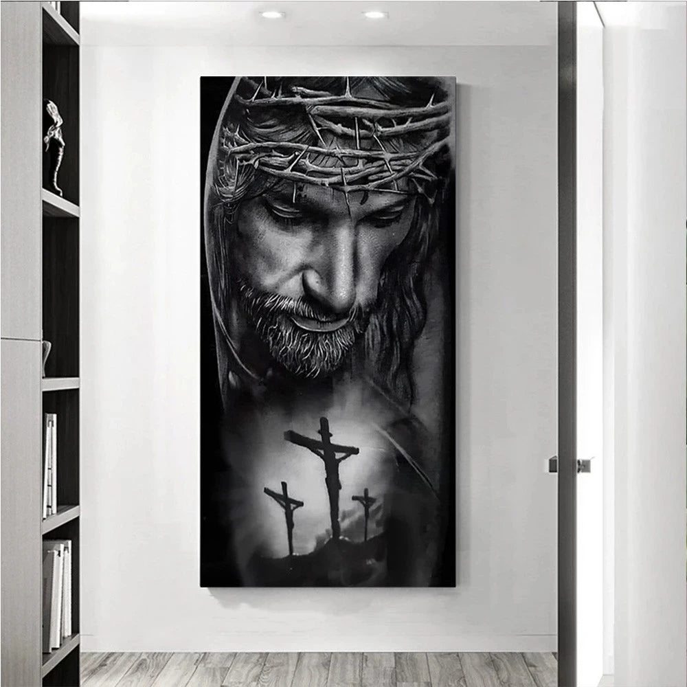 Black and White Crown of Thorns Jesus Canvas Painting Classic